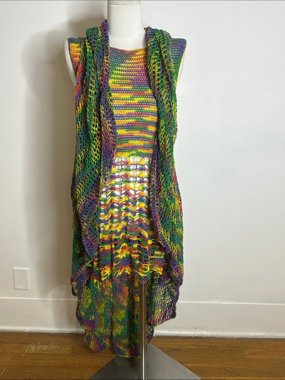 Vintage 70s Hippy Crochet Rainbow Cocoon Duster And Mini Dress M/L/XL
